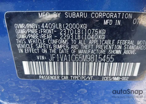 2021 Subaru Wrx Premium из США, поврежденный, VIN JF1VA1C65M9815455